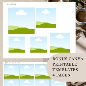 May include: A digital printable template sheet labelled US LETTER featuring various square layouts with a light blue sky, white cloud, and green rolling hills graphic. Below, a section labelled 2.5" x 2.5" inch NotePad displays grid-aligned squares.