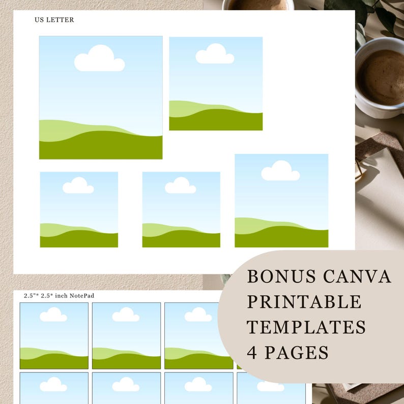 May include: A digital printable template sheet labelled US LETTER featuring various square layouts with a light blue sky, white cloud, and green rolling hills graphic. Below, a section labelled 2.5" x 2.5" inch NotePad displays grid-aligned squares.
