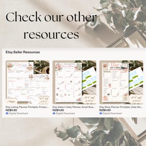 May include: A digital display showing three printable planner resources titled Etsy Listing Planner, Small Business Owner Planner, and Etsy Shop Planner. Each planner features floral illustrations, organized sections for tasks, and notes, with labels indicating 6 by 4 inches and 8.5 by 11 inches sizes.