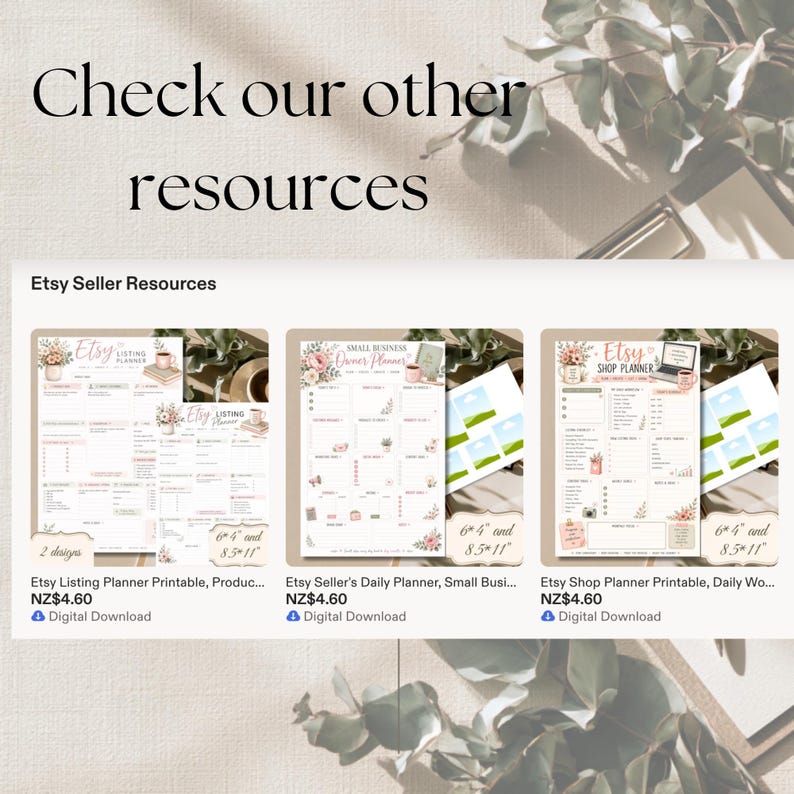May include: A digital display showing three printable planner resources titled Etsy Listing Planner, Small Business Owner Planner, and Etsy Shop Planner. Each planner features floral illustrations, organized sections for tasks, and notes, with labels indicating 6 by 4 inches and 8.5 by 11 inches sizes.
