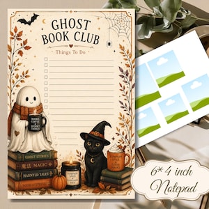 May include: A 6 by 4 inch notepad featuring a Ghost Book Club checklist. The design includes a ghost holding a mug, a black cat in a witch hat, stacked books, a pumpkin, a candle, and autumn leaves. The text reads Ghost Book Club Things To Do.