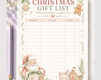 Puede incluir: Una hoja de planificación de lista de regalos de Navidad con el texto CHRISTMAS GIFT LIST y Making spirits bright, one gift at a time. La página incluye columnas para destinatario, idea de regalo y presupuesto, decorada con ilustraciones de Santa, un hombre de jengibre, una casa de jengibre y ramas de pino.
