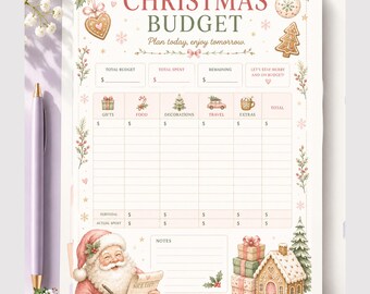Puede incluir: Una hoja de planificación de presupuesto navideño con el texto CHRISTMAS BUDGET y Plan today, enjoy tomorrow. El documento incluye secciones para el presupuesto total, gastos y remanente, con columnas para regalos, comida, decoración y viajes.