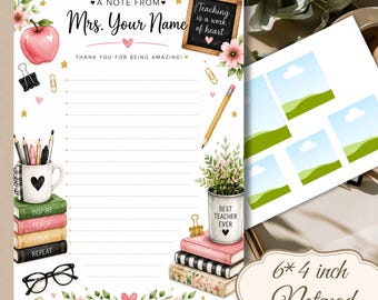 Puede incluir: Una hoja de bloc de notas imprimible con temática de profesor, con una manzana rosa, una pizarra con el texto Teaching is a work of heart, libros, un lápiz, gafas y motivos florales. El texto dice A NOTE FROM Mrs. Your Name.