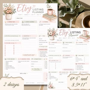 Op de afbeelding: Een Etsy listing planner sjabloon met secties voor productideeën, doelgroepen, trefwoorden, titels, beschrijvingen, prijzen en publicatieplannen. Het document bevat bloemillustraties en een koffiemok in 15,24 bij 10,16 cm en 21,59 bij 27,94 cm.