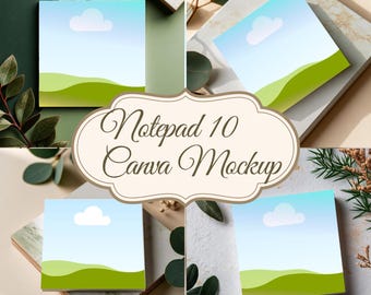 Puede incluir: Un bloc de notas cuadrado con una ilustración de paisaje de una nube blanca en un cielo azul claro sobre colinas verdes. El texto 'Notepad 10 Canva Mockup' está centrado en un marco decorativo sobre las cuatro imágenes del bloc.