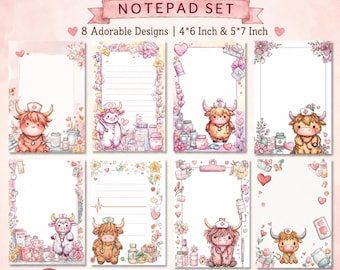 Nurse Highland Cow Printable Notepad Set | Cute Nursing Notes PDF | 8 Notepad Designs | 4x6 & 5x7 Planner Pages | Nurse Gift