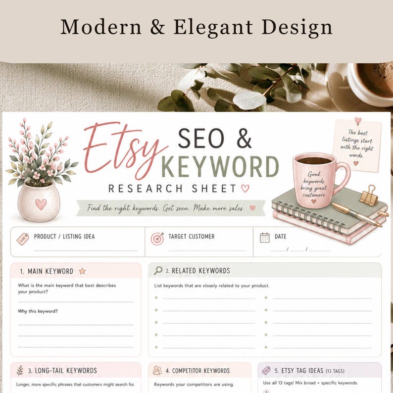 May include: An Etsy SEO and keyword research sheet featuring a pink mug, a stack of notebooks, a pen, and a potted plant illustration. The document includes sections for main keywords, related keywords, long-tail keywords, and competitor keywords.