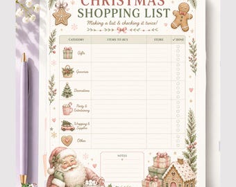 Puede incluir: Una lista de compras navideñas imprimible que incluye una tabla con categorías para regalos, comestibles, decoraciones, fiestas, envoltorios y otros artículos. El diseño presenta ilustraciones de Santa Claus y una casa de jengibre.