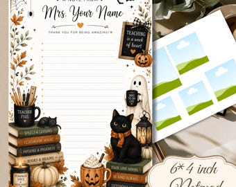 Puede incluir: Un bloc de notas con un borde temático de otoño con calabazas, un gato negro, un fantasma y libros. El texto dice A NOTE FROM Mrs. Your Name, THANK YOU FOR BEING AMAZING, TEACHING IS A WORK OF HEART y TEACHER FUEL. Incluye una etiqueta de 6x4 pulgadas.