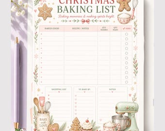 Puede incluir: Una hoja de planificación de lista de repostería navideña con un hombre de jengibre, un batidor, una batidora de pie e ilustraciones de vegetación festiva. El texto dice CHRISTMAS BAKING LIST, Baking memories & making spirits bright, BAKED GOOD, RECIPE / NOTES, QTY NEEDED, QTY MADE, DONE, SHOPPING LIST, TO BAKE BY, NOTES y BAKE WITH LOVE.