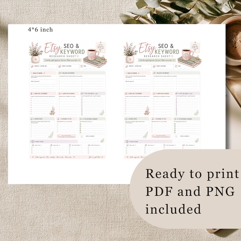 May include: Two 4x6 inch Etsy SEO and keyword research sheets featuring a floral illustration, a coffee mug, and organized sections for listing data, keywords, and search ideas. The document includes printed text and lines for manual entry.