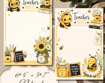 Puede incluir: Dos blocs de notas rayados con ilustraciones de abejas, girasoles y libros. El texto dice Teacher Notes, thank you for helping me grow, best teacher ever, teach inspire love y be kind bee you. Los blocs miden 15,24 por 10,16 cm y 12,7 por 17,78 cm.