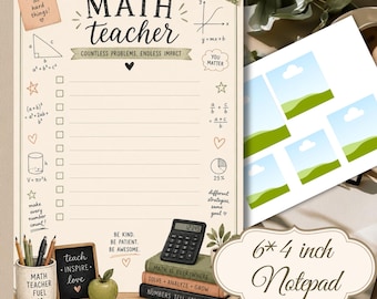 Puede incluir: Un bloc de notas de color crema con el texto MATH TEACHER, COUNTLESS PROBLEMS, ENDLESS IMPACT y varias fórmulas matemáticas. Incluye una lista de verificación, un portalápices, una manzana verde, una calculadora negra y libros etiquetados.