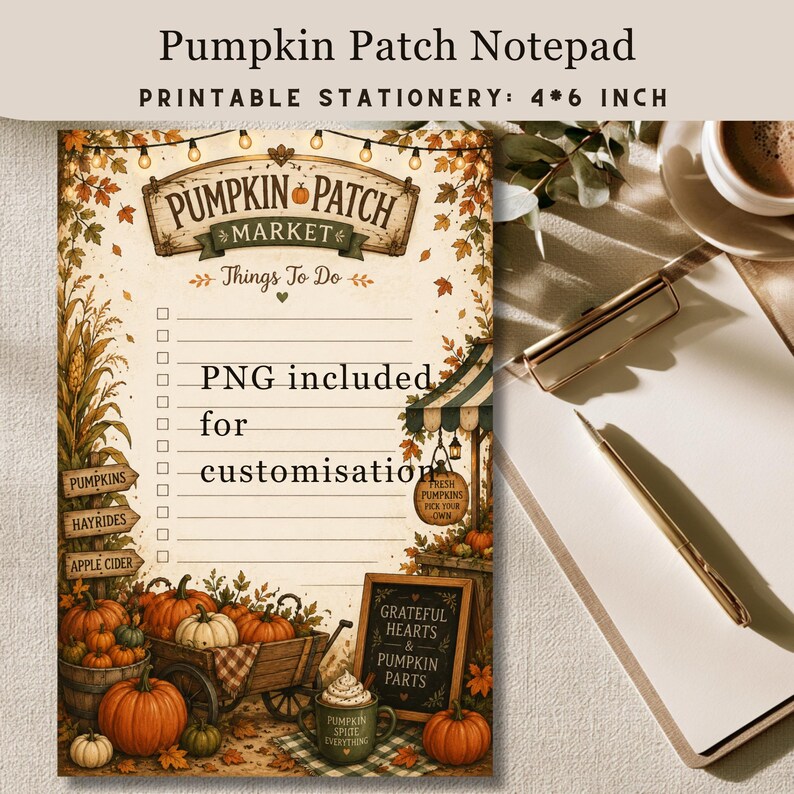 May include: A Pumpkin Patch Market notepad featuring a checklist with lines, decorated with autumn leaves, string lights, pumpkins, a wooden cart, and a sign reading Grateful Hearts & Pumpkin Parts. The text reads Pumpkin Patch Notepad 4*6 inch.