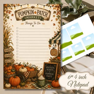 Könnte beinhalten: Ein 15,24 x 10,16 cm großer Notizblock mit Kürbismarkt-Motiv, einer Checkliste, einem mit orangefarbenen Kürbissen gefüllten Holzwagen, einem Schild mit der Aufschrift Grateful Hearts & Pumpkin Parts und einer Tasse Pumpkin Spice Everything.