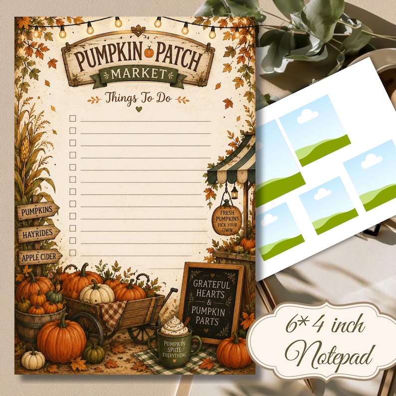 May include: A 15.24 by 10.16 cm notepad featuring a Pumpkin Patch Market theme with a checklist, a wooden cart filled with orange pumpkins, a sign reading Grateful Hearts & Pumpkin Parts, and a mug labelled Pumpkin Spice Everything.