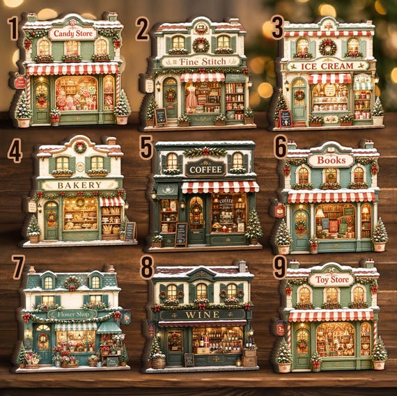 A custom laser-cut wooden Christmas village storefront block personalized with your small business name — a surprisingly personal keepsake for any shop owner.