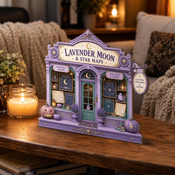 A custom celestial wooden block with moon, stars, and lavender palette — tactile 3D shelf decor that's a step above a flat print.