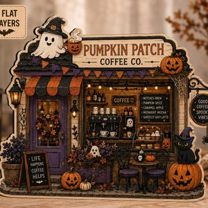Halloween Coffee Shop Wooden Block, Pumpkin Patch Cafe Decor, Spooky Ghost and Black Cat Shelf Sitter, Fall Coffee Lover Gift C2IW20-RD