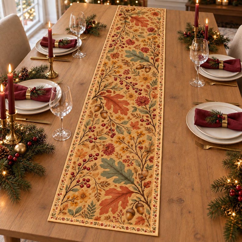 Paper Table Runner Fall Autumn Quilted Table Runner, Fall Oak Leaves & Acorns Dining Decor ...