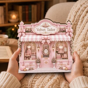May include: A miniature pink storefront model labeled Velvet Tailor, featuring a striped awning, floral decorations, two display windows with mannequins, sewing equipment, and small pumpkins at the base, all rendered in a detailed, ornate style.