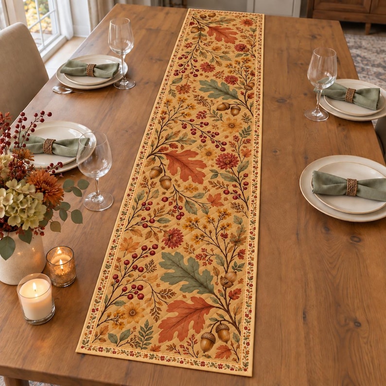 Paper Table Runner Fall Autumn Quilted Table Runner, Fall Oak Leaves & Acorns Dining Decor ...