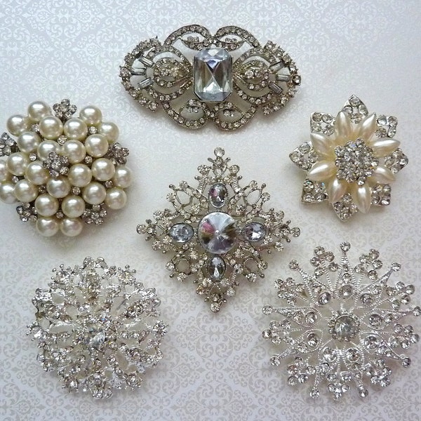 6 pcs Large Vintage Replica Bridal Silver Assortment Set Flat Back in Clear Crystal Pearl Rhinestones Brooch