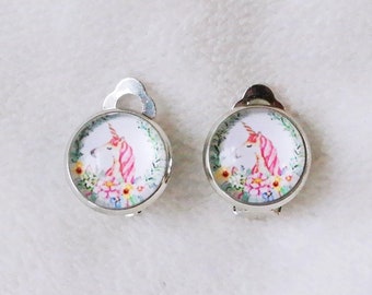 Pink Floral Unicorn Clip On Earrings, Little Girl's Horse Earrings, Floral Jewelry, Unicorn Gift, Gifts under 10, Birthday gifts for girls