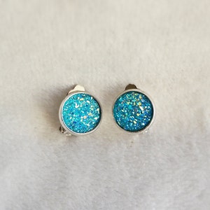 Aqua blue druzy clip on earrings. Little girl's sparkly clip on earrings. Mother's day gift for her, birthday gift