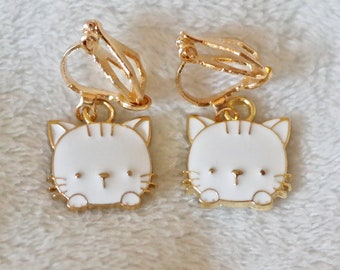 White Cat clip on earrings. clipon hoops, girl's and women's clip on earrings. Small animal charm. Girl's Birthday gift, easter basket gift