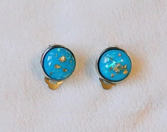 blue pearl with gold flecks, clip on earrings. Girls' ClipOn Earrings, Gold Sparkle Jewelry, Gift for Little Girl, Children's Fashion
