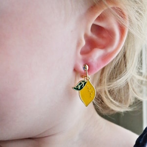 Yellow lemon, clip on earrings. Little girls clip on earrings soft gold. Fun fruit dangle earrings for kids. , Birthday gifts for girls