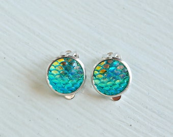 Mermaid Aqua Clip On Earrings, Sparkly Scale Iridescent Earrings, Blue Green Clips, Little Girl's Jewelry, Clipons, valentine gift