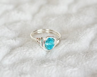 Silver wire wrapped little girl&#39;s ring with aqua blue glass bead. Child&#39;s ring. birthday gift , Birthday gifts for girls