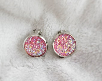 pink druzy clip on earrings. Little girl's pink sparkly clip on earrings. Mother's day gift for her, birthday gift