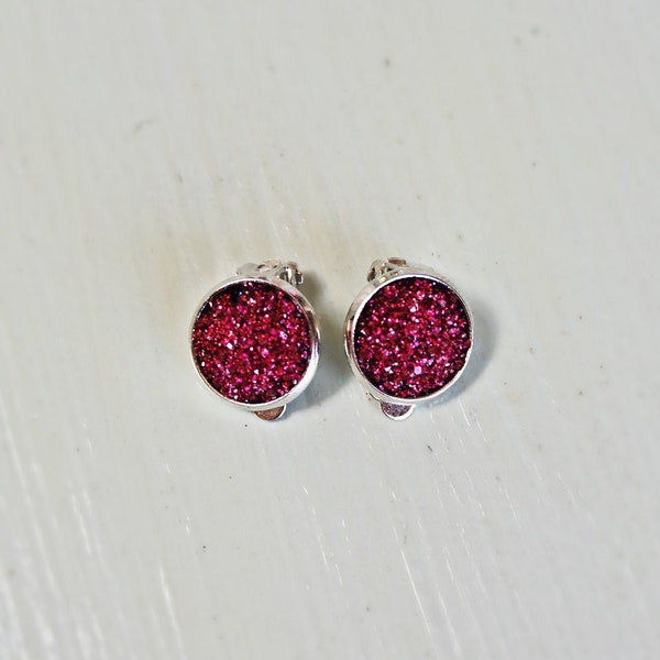 Burgundy druzy clip on earrings. Little girl's red sparkly earrings for non pierced ears. Mother's day gift for her, birthday gift