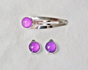 Earrings and hair clip. Purple clip on earrings. Little girl's sparkly clip on earrings.