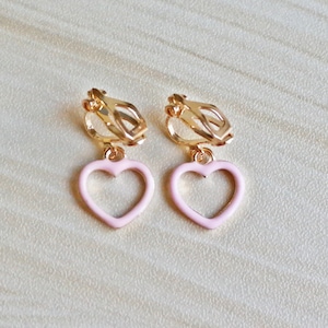 Light pink heart clip on earrings. Little girl clip on earrings. Tiny small heart charm. Valentine&#39;s earrings, gifts for her, birthday gift