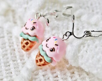 Ice cream cone clip on earrings. Little girl's clip on earrings. Girls' Fun Jewelry, Cute Accessories, Sweet Treats, birthday gift