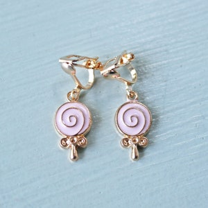 Pink candy earrings, lollipop, clip on earrings. Little girl clip on earrings soft gold. birthday gift, Birthday gifts for girls, clip-ons