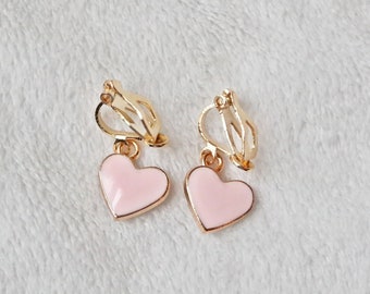 Pink heart clip on earrings. Little girl clip on earrings. Tiny small heart charm. Valentine's earrings, gifts for her, birthday gift