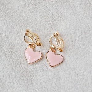 Pink heart clip on earrings. Little girl clip on earrings. Tiny small heart charm. birthday gift, Birthday gifts for girls