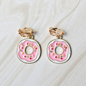 Pink Donut sugar sweets clip on earrings. Little girl clip on earrings soft gold. candy. granddaughter gift for her, birthday gift