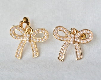 Clip On Bow Ohrringe mit Gold und Perle, Little Girl Clip On Ohrringe, Damen und Teenager Schmuck, Accessoires, Geschenkidee, Geburtstagsgeschenk