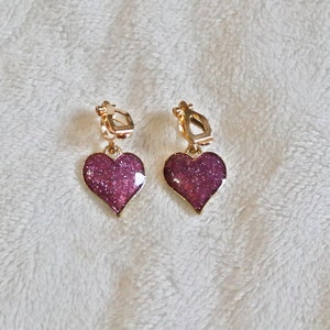 Sparkly Purple Heart Clip-On Earrings, Glittery Little Girl Jewelry, Heart Charm, Purple Heart Dangle Earrings Mother's day gift for her