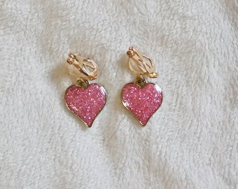 Pink sparkly heart clip on earrings. Little girl clip on earrings. glittery heart charm. Birthday gifts for girls
