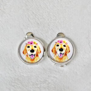 Puppy dog clip on earrings. Little girl&#39;s clip on earrings. Golden retriever Valentine&#39;s earrings, gifts for her