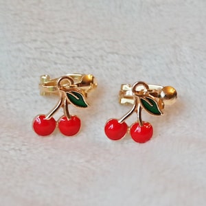 Red cherry clip on earrings. Little girl clip on earrings, soft gold clips. Cute Cherry Jewelry, Fruit Earrings, Gift for Girls