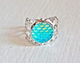 Mermaid scale irridescent, aqua Child&#39;s Adjustable Ring,  Ring for Girls, Gift for Her, birthday gift , Birthday gifts for girls